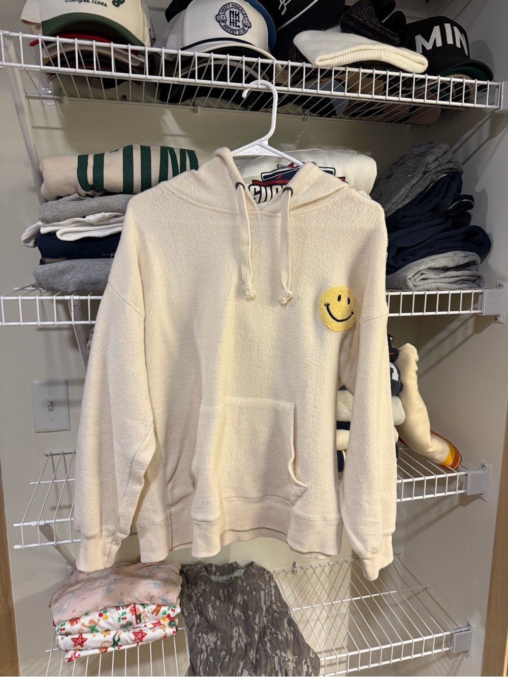 Vintage Havana Cream Crewneck Hoodie with Yellow Smiley Patch